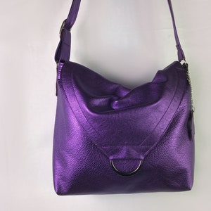 Metallic Purple leather Shoulder bag, or Crossbody, Adjustable Strap, zipper pocket, Lined with pockets, lining options, key hook clasp image 4