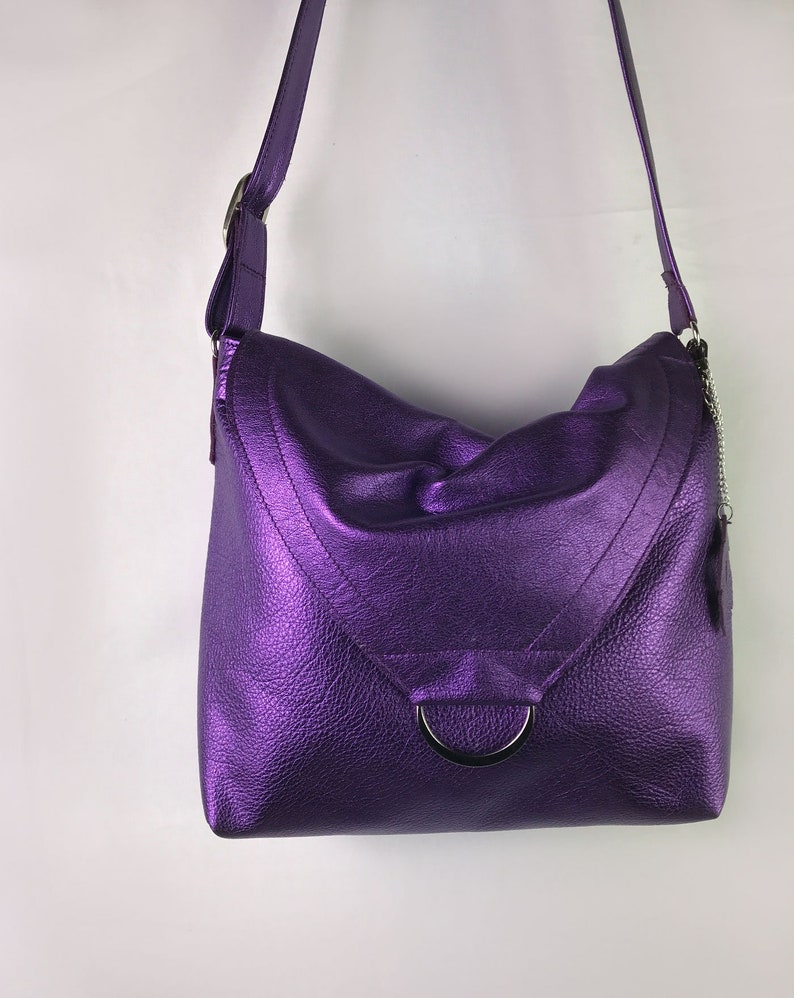 Metallic Purple leather Shoulder bag, or Crossbody, Adjustable Strap, zipper pocket, Lined with pockets, lining options, key hook clasp image 4