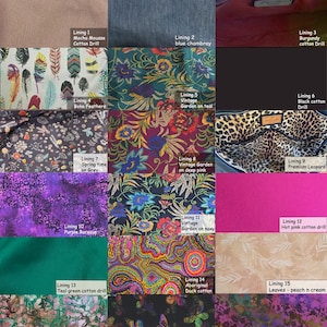 May include: A collection of fabric swatches showcasing various patterns and colors. Includes floral, abstract, and animal print designs. Colors range from teal and purple to leopard and peach. Each swatch is labeled with a description.