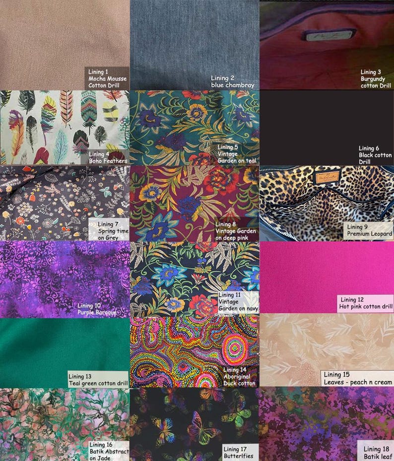 May include: A collection of fabric swatches showcasing various patterns and colors. Includes floral, abstract, and animal print designs. Colors range from teal and purple to leopard and peach. Each swatch is labeled with a description.