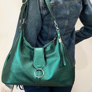 Bolso Hobo italiano metalizado verde jade, 2 tamaños, bolso de piel suave color verde azulado, piel de primera calidad, forrado, bolsillos, correa ajustable, borla