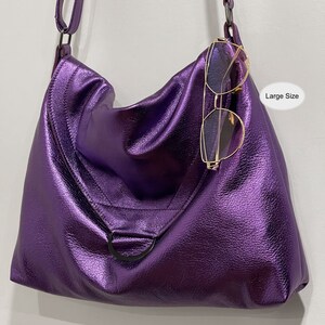 Metallic Purple leather Shoulder bag, or Crossbody, Adjustable Strap, zipper pocket, Lined with pockets, lining options, key hook clasp image 9