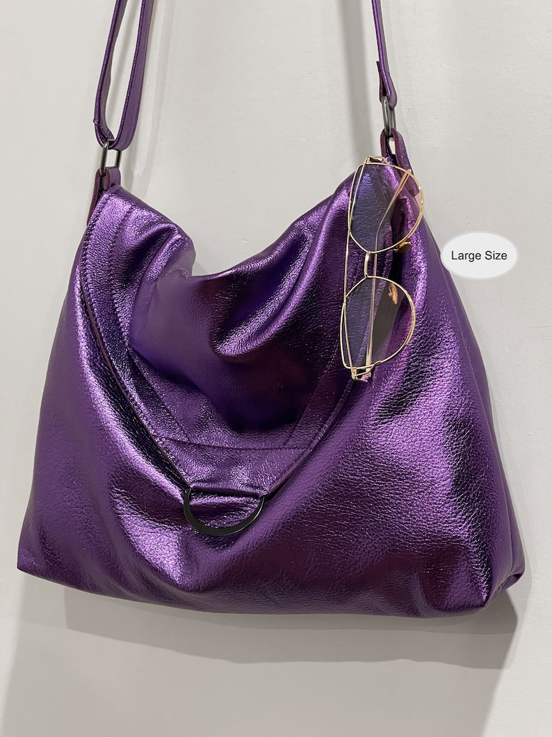 Metallic Purple leather Shoulder bag, or Crossbody, Adjustable Strap, zipper pocket, Lined with pockets, lining options, key hook clasp image 9