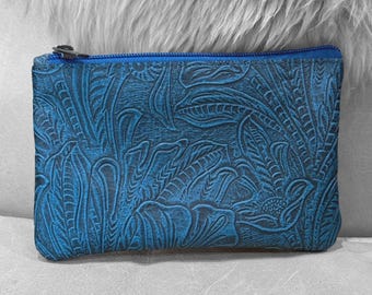 Teal Leather Coin Purse with Tooled Floral Design, Zipper Pouch 3 sizes with easy glide Zipper