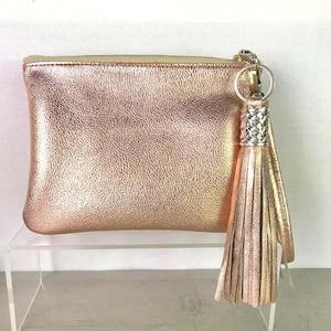 Cartera de mano de piel color oro rosa con borla, bolso de noche color melocotón metalizado, estuche