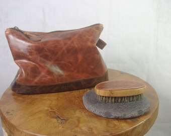 Vintage Cognac Leather Toiletry Bag, Handmade Travel Dopp Kit with Waterproof Lining