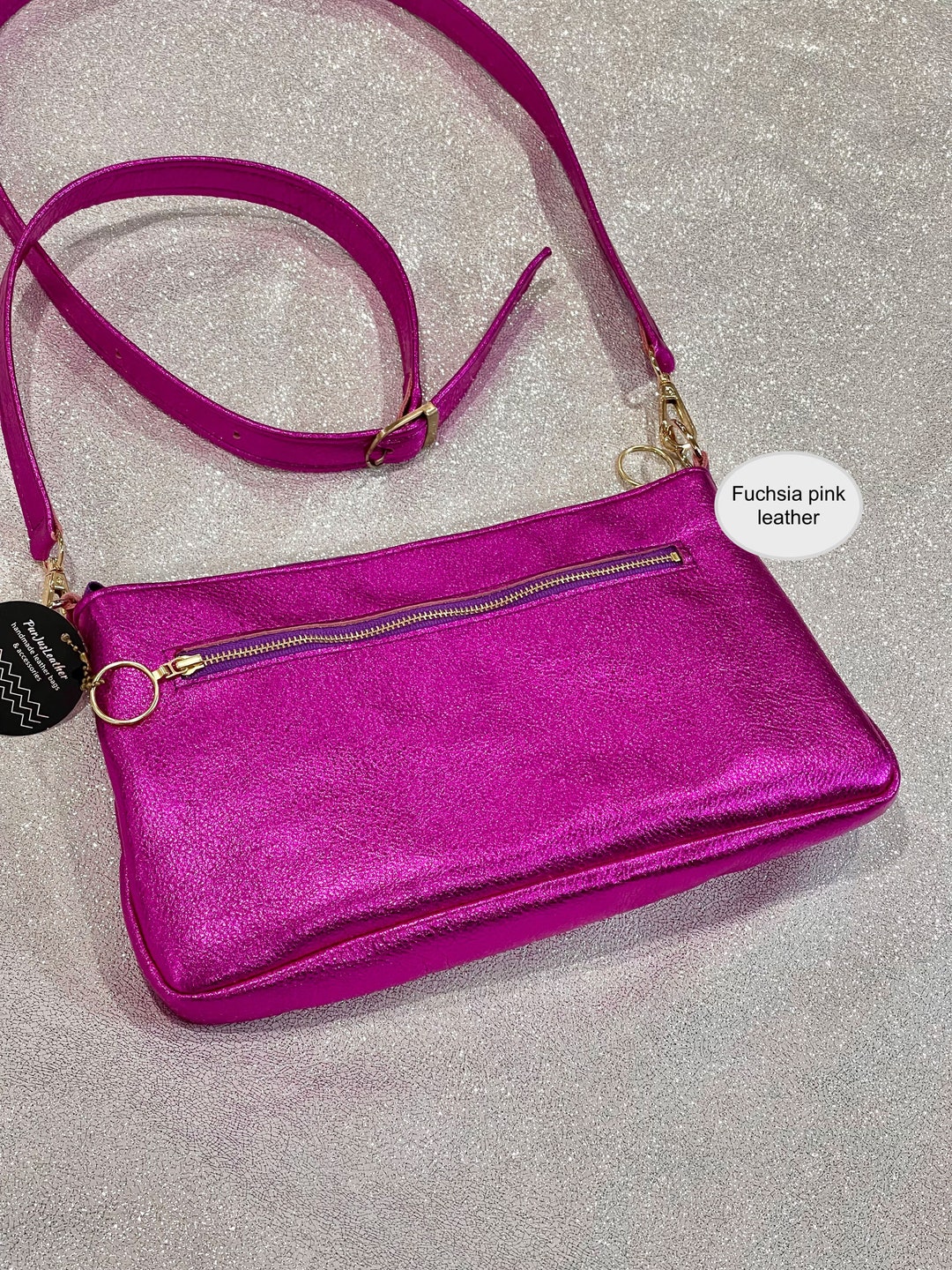 Small genuine leather bag in METALLIC hot pink. Cross body bag, should –  Handmade suede bags by Good Times Barcelona