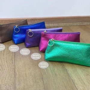 Metallic leather makeup purse, bridesmaid or xmas gift, Soft, lining, cosmetic purse, size options, lining options, easy glide zipper