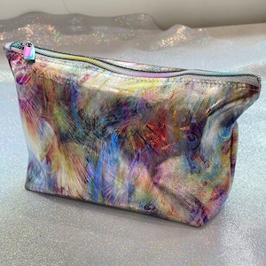 Holographic iridescent feathers Leather makeup purse leather gift, cotton lining, cosmetic bag, size options, birthday gift metallic leather