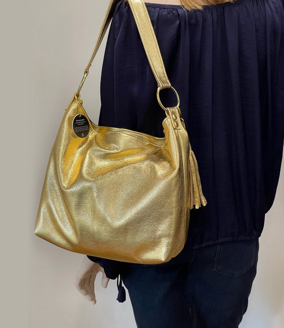 Metallic Gold Leather Crossbody Bag, Soft True Gold, Zip Pockets, Adjustable Strap