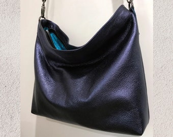 Metallic navy blue leather Shoulder bag, or Crossbody, Adjustable Strap, zipper pocket, Lined slip pockets, lining options, key hook clasp