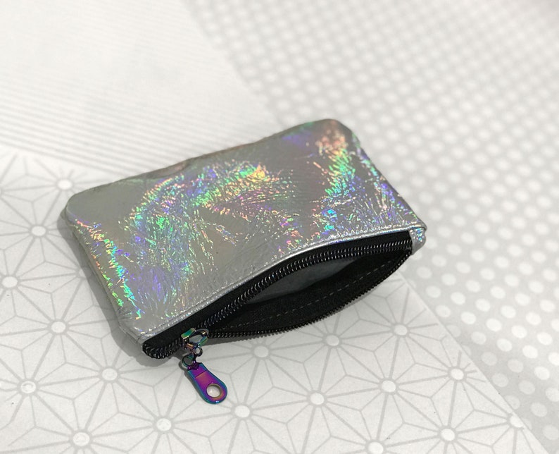 Holographic Rainbow Leather Purse, coin purse, gift idea, leather purse, coin purse with zipper, metallic purse, Italian leather image 2