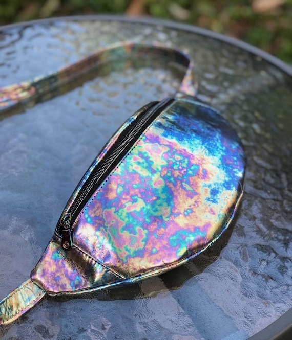 Oil slick Leather Bum Bag, Rainbow Spectrum Colour Leather fanny pack, Iridescent Petrol hip bag