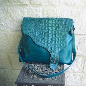 Teal leather crossbody, Italian Croco Embossed flap, Lining options, pockets, Adjust strap, key clasp, magnet closure, solid buckle