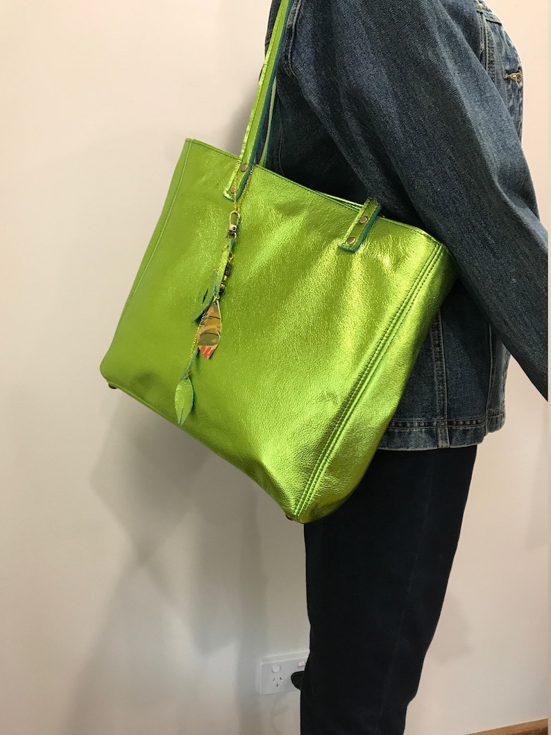 Lime Green Leather Tote Leather Zipper Pocket & Purse 2 Etsy