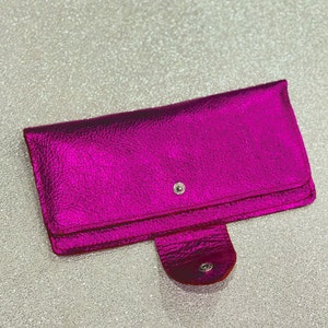 Fuchsia Pink Metallic Leather Wallet Purse or wristlet, holds cards and iPhone, zipper pocket, hot pink, genuine leather gift, purse