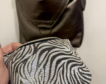 Zebra Print leather Zipper Purse, Shimmery Animal Coin Pouch with Gold Edge Shimmer