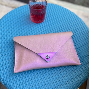 Iridescent Pink Leather clutch, Metallic, iridescent gift, clutch purse, metallic, rainbow hardware, card pocket, turn clasp closure