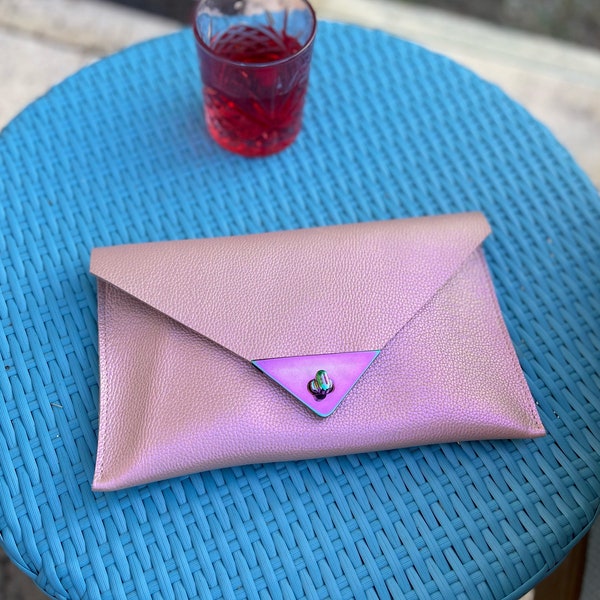 Iridescent Pink & peach Leather clutch, Metallic, iridescent gift, clutch purse, metallic, rainbow hardware, card pocket, turn clasp closure