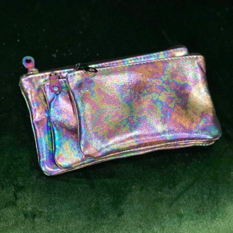 Metallic Oil slick Leather Zipper Purse, coin purse, gift idea, coin purse with zipper, metallic purse, Petrol leather, Italian leather image 8