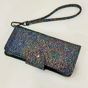 Metallic Rainbow Coral Leather wallet purse with zipper, holds cards and iPhone, Petrol Colour leather, leather gift, soft thick leather