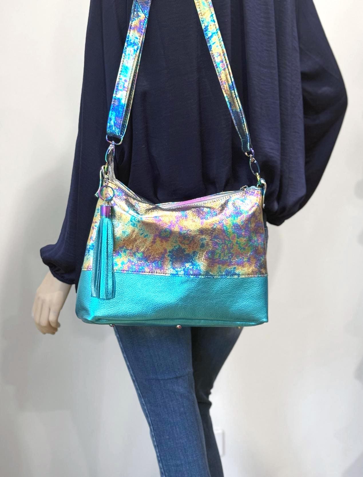 Metallic Turquoise Oil Slick Leather Crossbody Bag, Zipper and