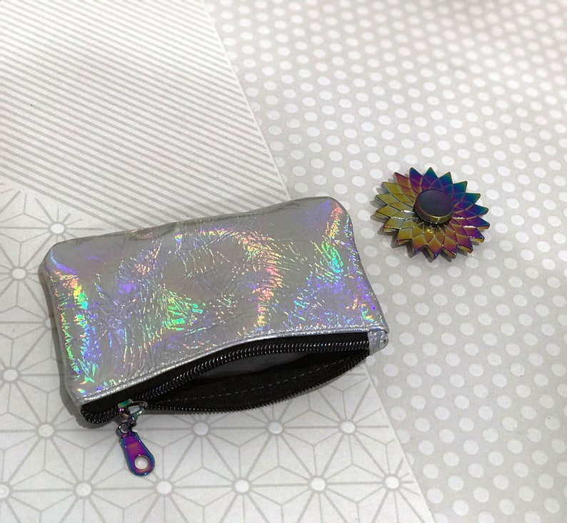 Holographic Rainbow Leather Purse, coin purse, gift idea, leather purse, coin purse with zipper, metallic purse, Italian leather image 1