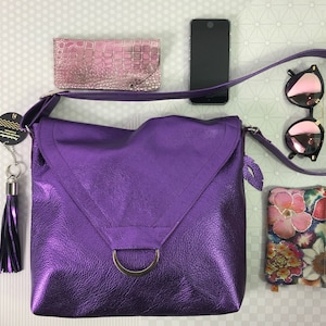 Metallic Purple leather Shoulder bag, or Crossbody, Adjustable Strap, zipper pocket, Lined with pockets, lining options, key hook clasp image 5