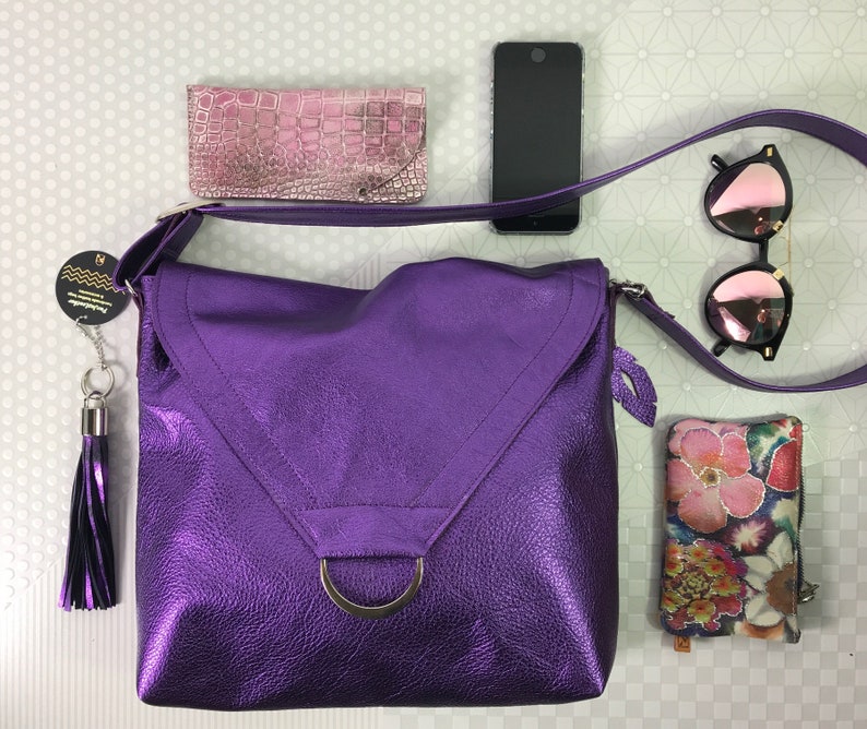 Metallic Purple leather Shoulder bag, or Crossbody, Adjustable Strap, zipper pocket, Lined with pockets, lining options, key hook clasp image 5