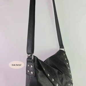 Handmade Black Leather Crossbody Bag, Studded Flap, Adjustable Strap, antique brass or silver bild 8
