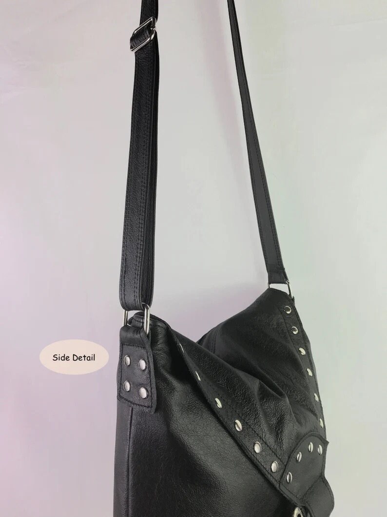 Handmade Black Leather Crossbody Bag, Studded Flap, Adjustable Strap, antique brass or silver bild 8