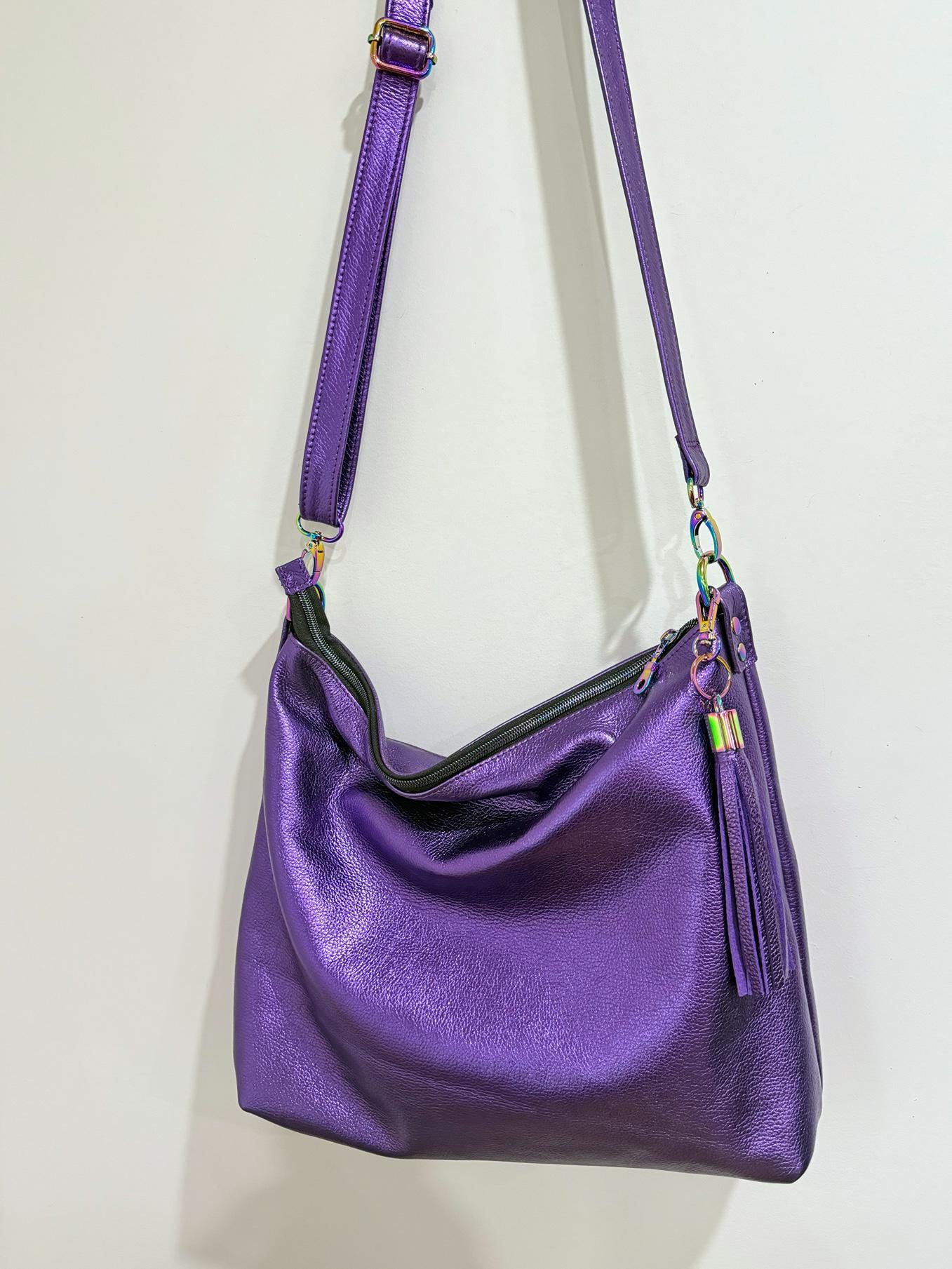 Purple Metallic Leather Crossbody Shoulder Bag, Soft Hobo Handbag