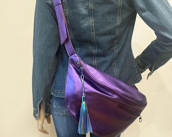 Metallic Purple Leather Sling Bag, full grain soft Leather slouch, travel, backpack, cycling bag, genuine leather, zipper pockets