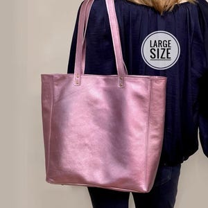 Rose Pink Metallic Leder Tote, weiche Vintage rosa metallic Ledertasche, Ledertasche mit Reißverschluss, abnehmbare Leder Geldbörse, 2 Größen, Futteroption