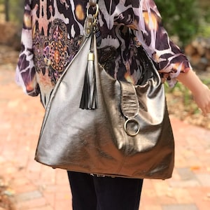 Metallic Pewter Italian Hobo, pewter leather, 2 sizes,  soft premium leather hobo, hardware options, lining options ,pockets, leather tassel