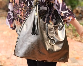 Metallic Bronze Pewter Leather Hobo Bag, Handmade, Choose your size, tassels