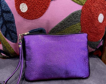 Purple Metallic Leather Wristlet, detachable adjustable crossbody option, metallic purse, 2 sizes, hardware options
