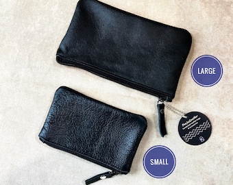 Vintage Black Leather Coin Pouch, Vintage Navy Blue Option, soft suede interior, Australian Made Zipper Purse