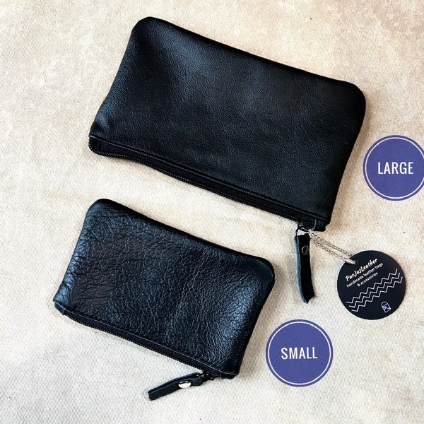 Black Vintage leather coin pouch, phone pouch, gift idea, leather purse, easy zipper, soft thick leather, soft suede inside, leather pull