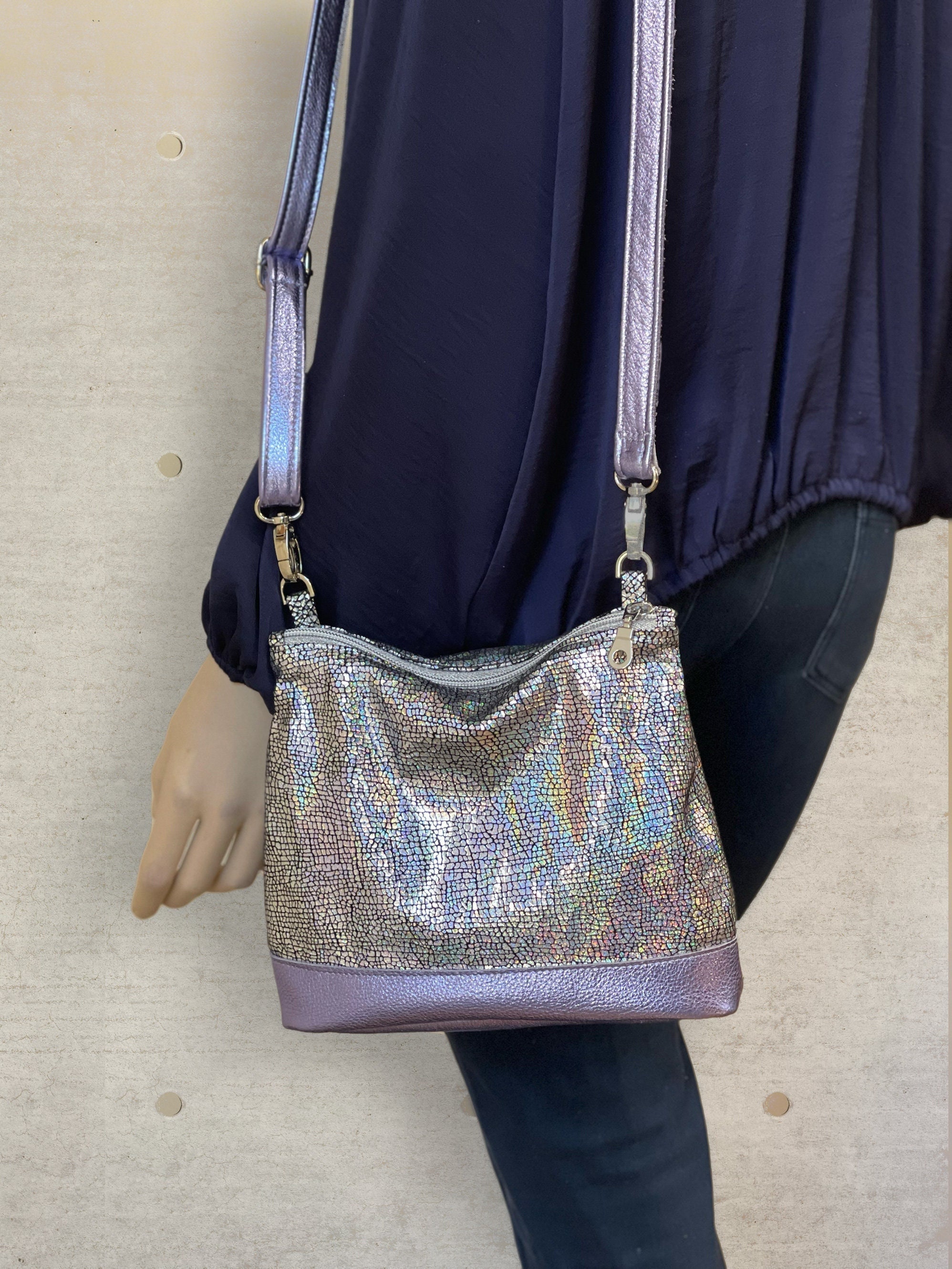 Holographic Iridescent Crossbody Bag, Small Lined Purse, Pocket, Soft Silver Purse, Zipper Closure, Soft Leather, Removable Adjustable Strap