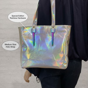Holographic Leather Tote, Holo silver leather, leather zipper pocket & purse, 2 sizes, key clasp, lining options, magnet or zipper close
