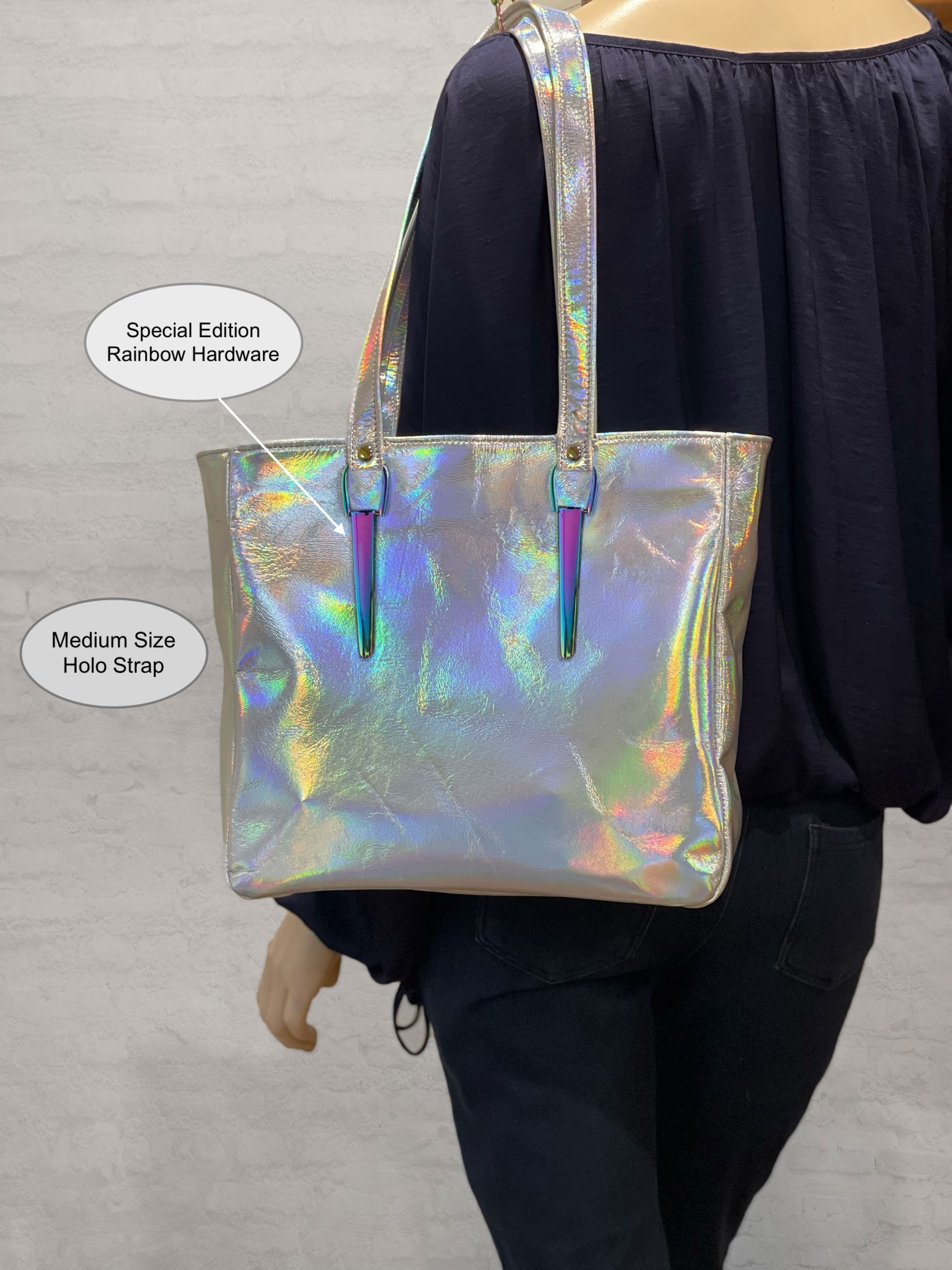 Holographic Leather Tote Holo silver leather leather zipper pocket purse 2 sizes key clasp lining options magnet or zipper close