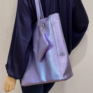 Large Lavender Metallic Leather Tote, inside zipper leather pocket, removable leather purse, Soft relaxed leather tote, premium metallic
