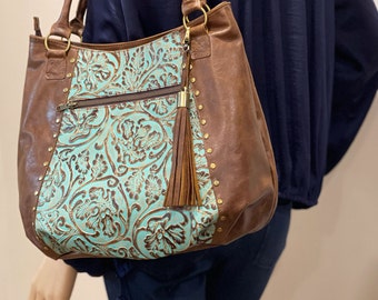 Tooled riveted turquoise and brown leather Tote bag, outside zipper, slip pockets, rolled handles, zipper close, lining options, Australia