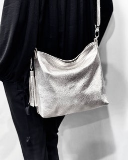 Metallic Silver Crossbody Bag With Zipper Pockets, Soft Leather