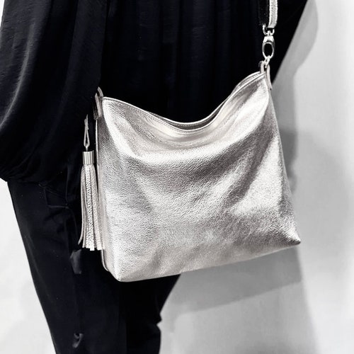 Metallic Silver Crossbody Bag, Lining Options, Zipper