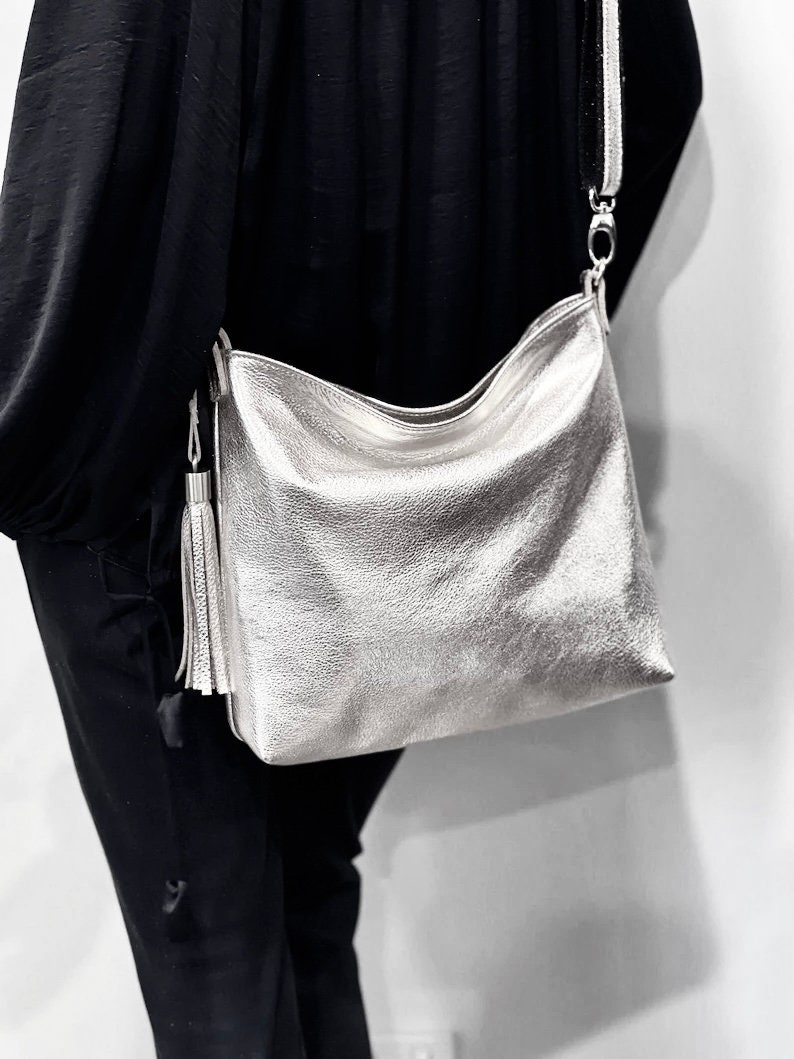 Shimmery Metallic Mini Shoulder Bag - Silver-colored - Ladies