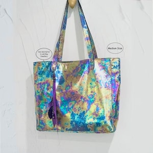 Oil Slick Metallic Leather Tote, Rainbow leather, leather zipper pocket & purse, 2 sizes, key clasp, lining options, magnet close