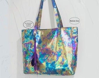 Tote Bag aus Oil Slick Metallic-Leder, Regenbogenleder, Reißverschlusstasche und Geldbörse aus Leder, 2 Größen, Schlüsselverschluss, Futteroptionen, Magnetverschluss