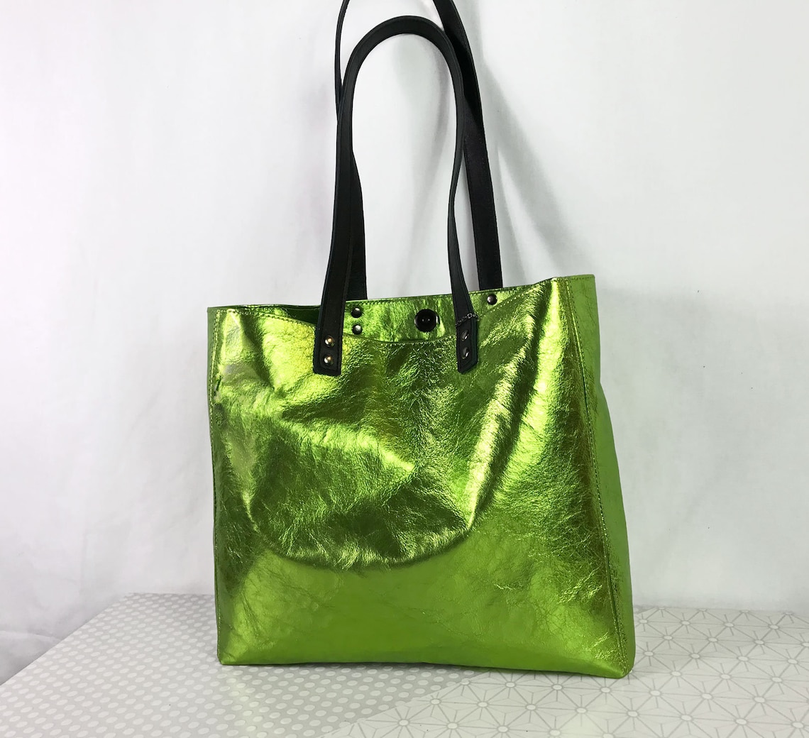 Lime Green Leather Tote Leather Zipper Pocket & Purse 2 Etsy